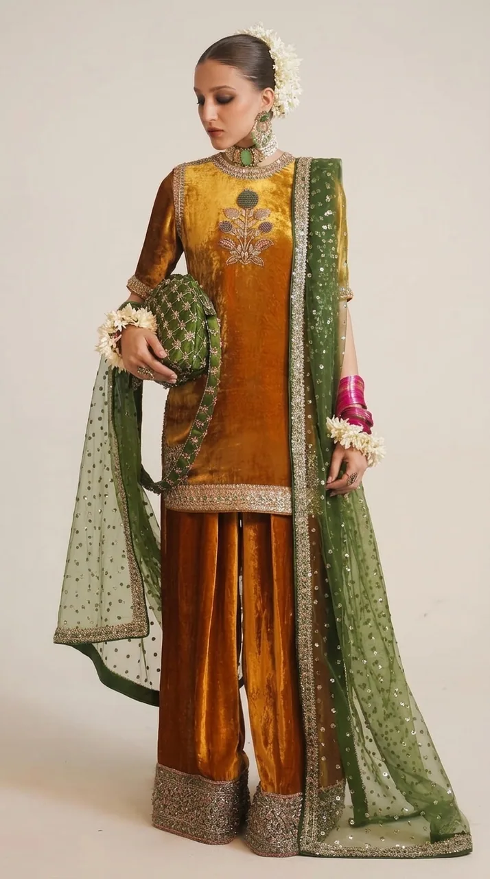 Ochre Gold Velvet Kurta Sharara Set with Olive Net Dupatta – Luxury Formals by Sadaf Boutique, Islamabad