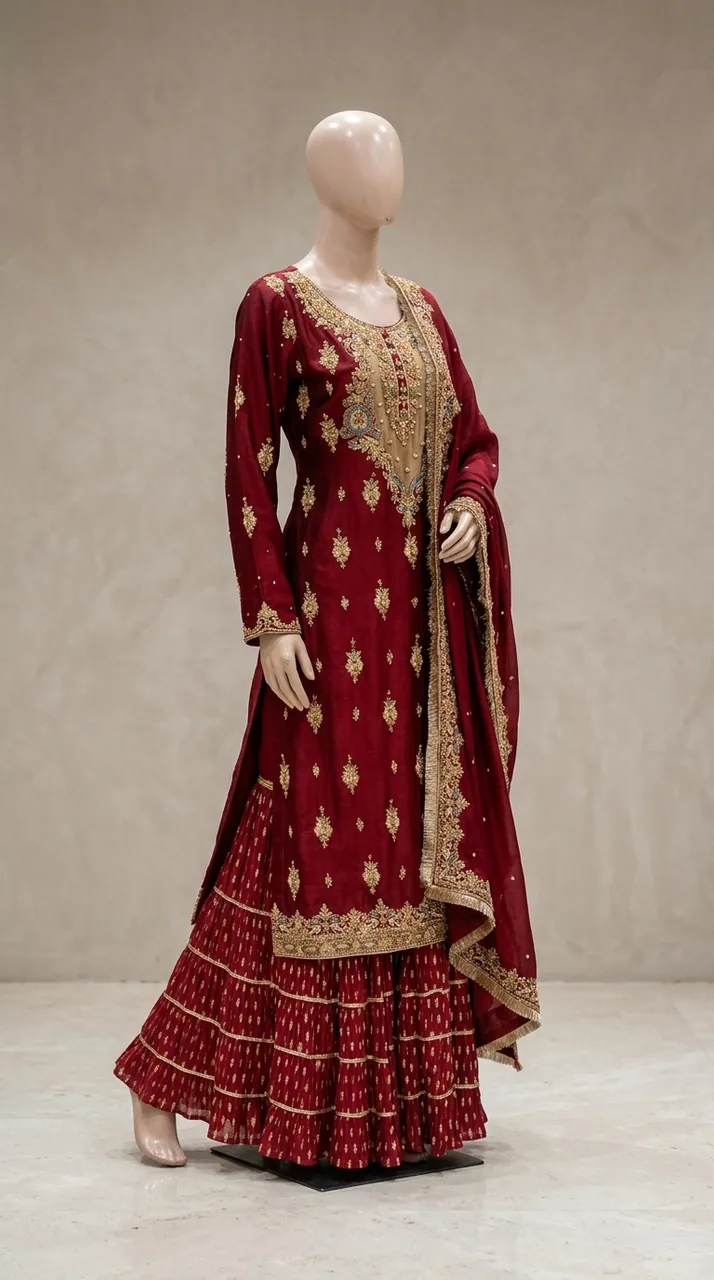 Maroon Embroidered Kurta Sharara Set – Luxury Formals by Sadaf Boutique, Islamabad