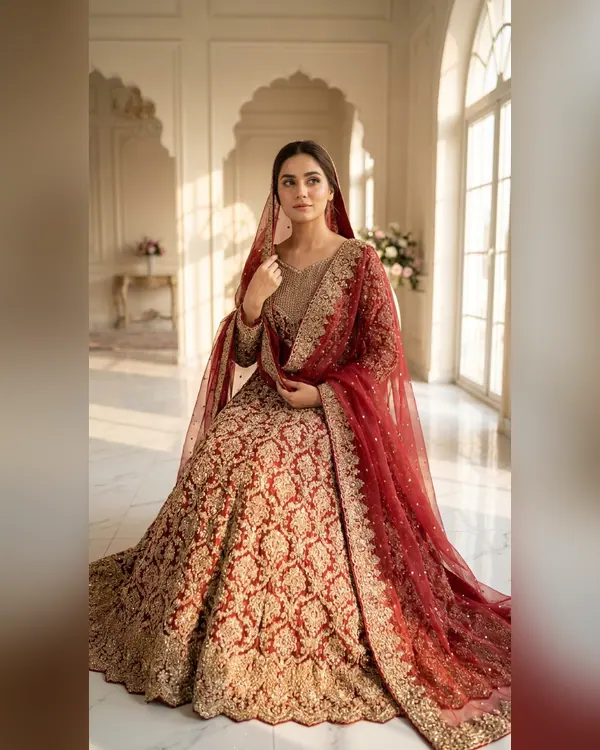Deep Red & Gold Bridal Lehenga Set – Bridal by Sadaf Boutique, Islamabad