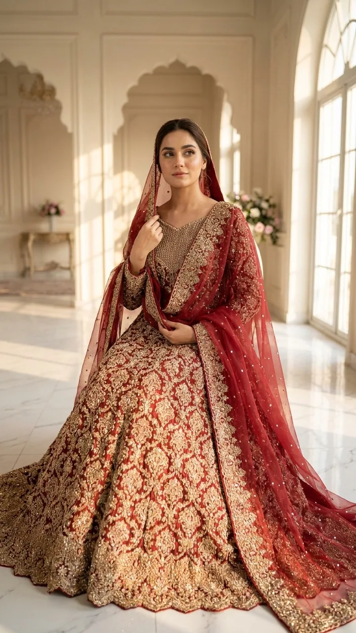 Deep Red & Gold Bridal Lehenga Set – Bridal by Sadaf Boutique, Islamabad