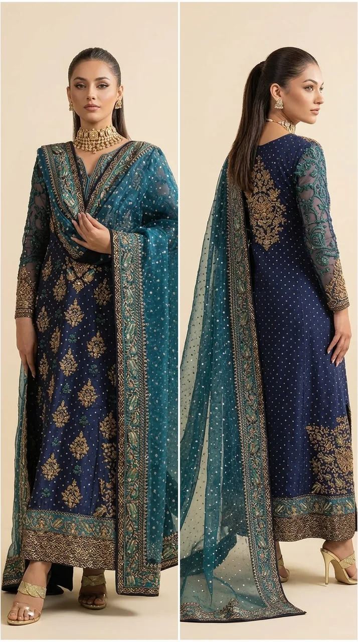 Royal Navy & Teal Hand-Embroidered Kalidar Anarkali Set – Luxury Formals by Sadaf Boutique, Islamabad