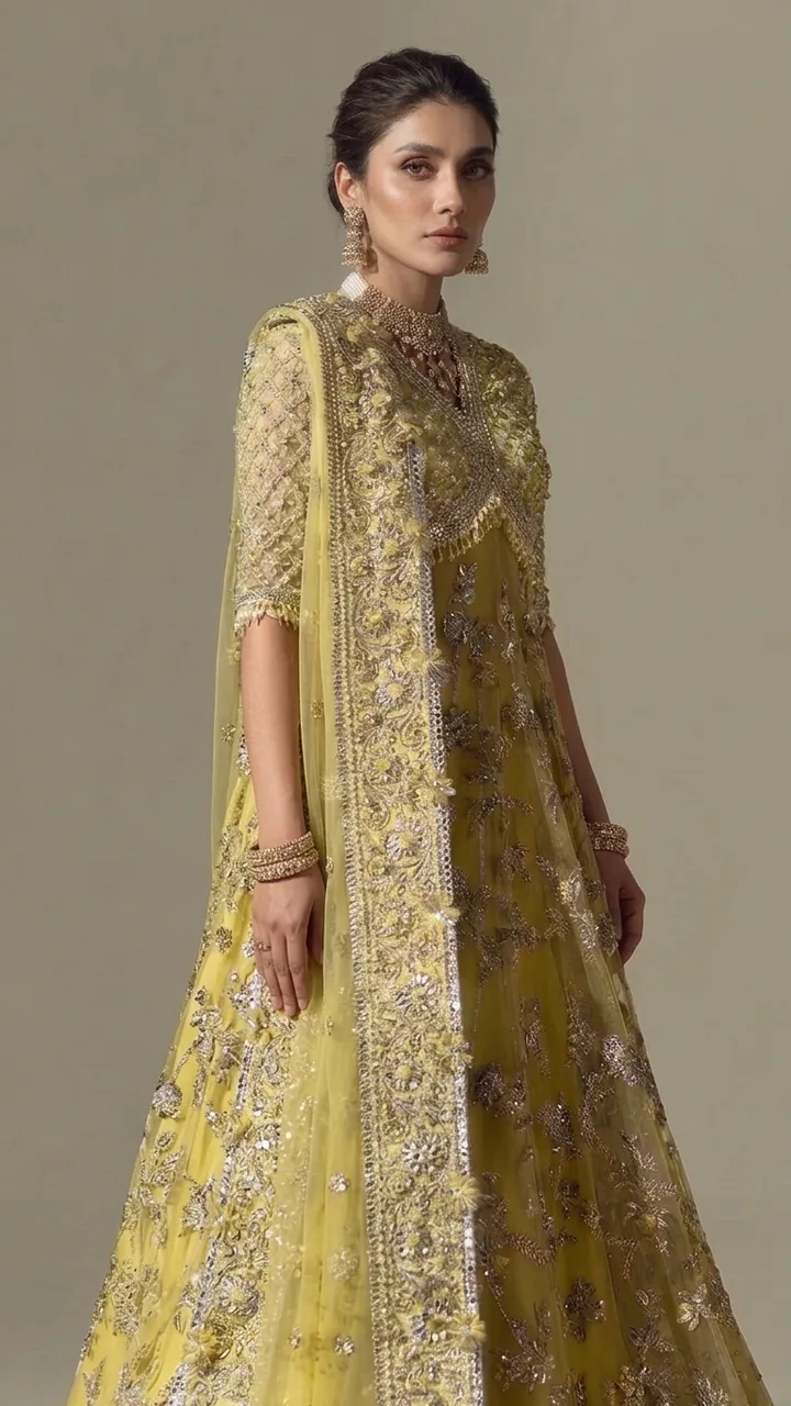 Lime Yellow & Silver Embellished Jacket Anarkali Set – Luxury Formals by Sadaf Boutique, Islamabad