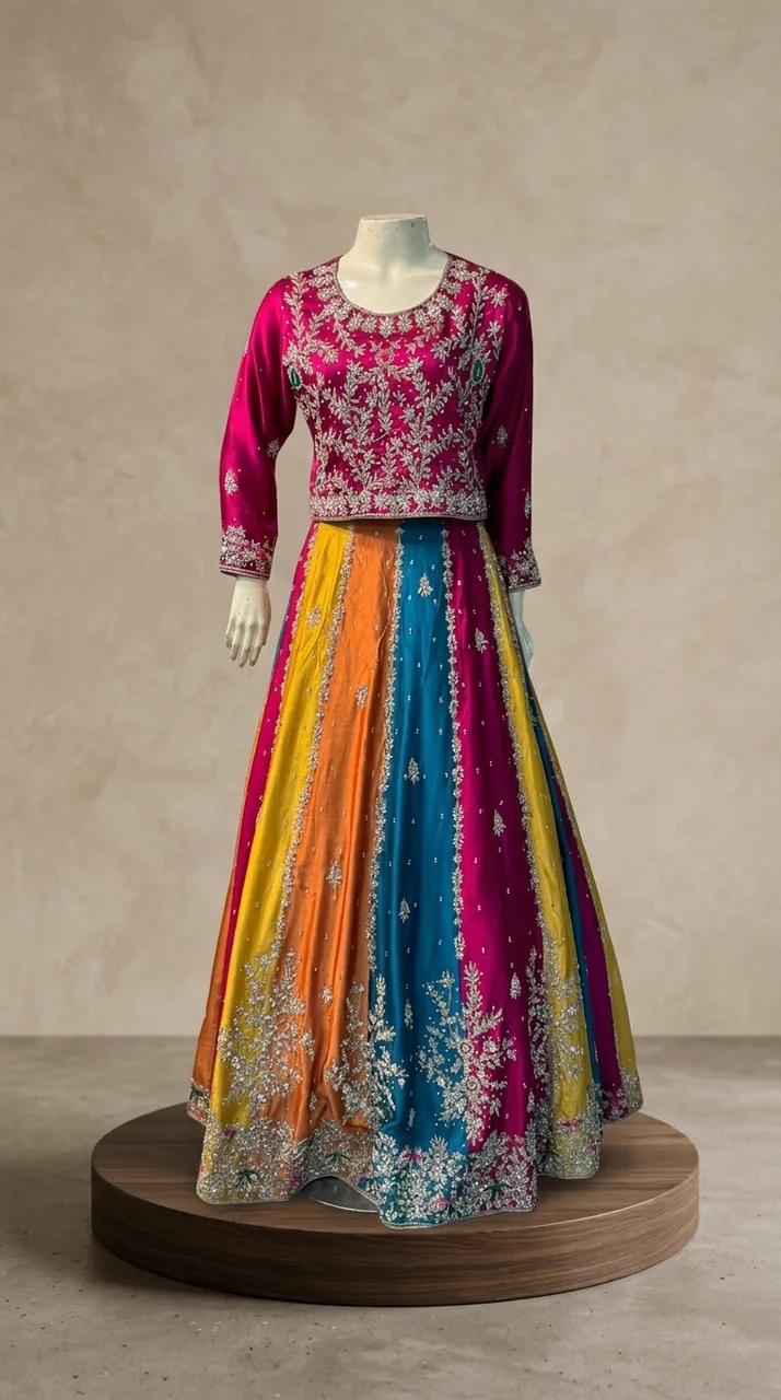 Multi-Color Panel Embroidered Lehenga Choli Set – Luxury Formals by Sadaf Boutique, Islamabad