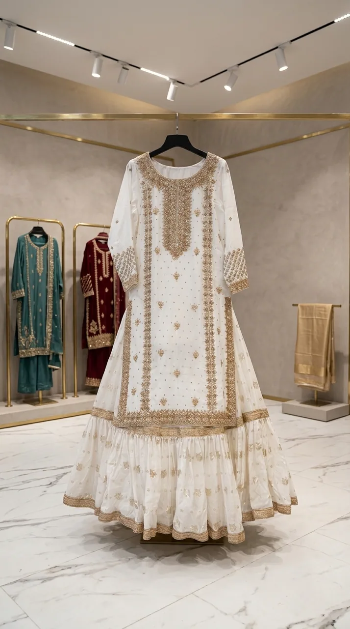 Off-White & Gold Embroidered Kurta Sharara Set – Luxury Formals by Sadaf Boutique, Islamabad