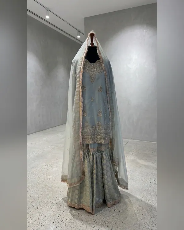 Powder Blue Hand-Embroidered Kurta Sharara Set – Luxury Formals by Sadaf Boutique, Islamabad
