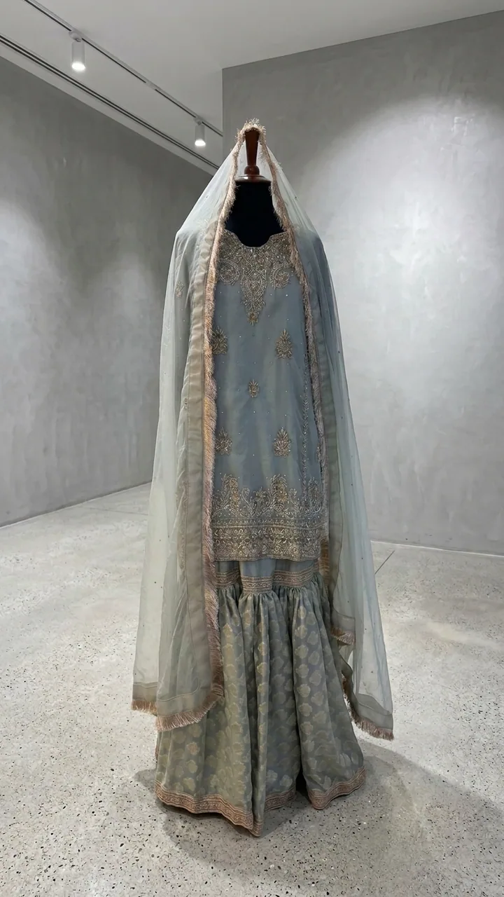 Powder Blue Hand-Embroidered Kurta Sharara Set – Luxury Formals by Sadaf Boutique, Islamabad