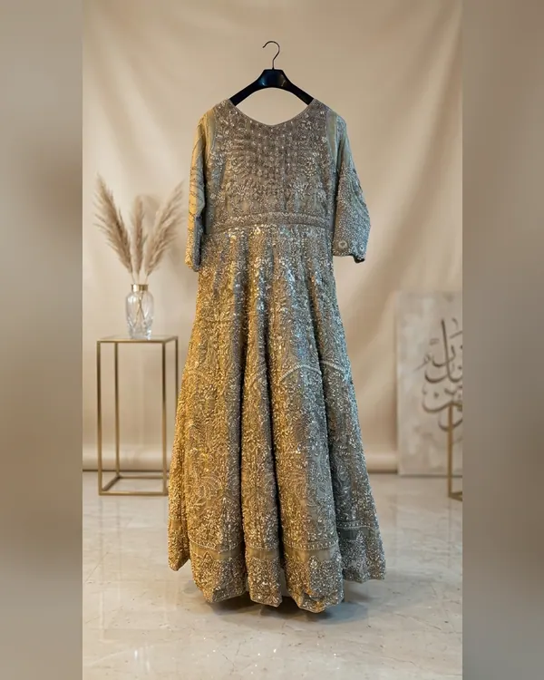 Metallic Olive Gold Heavily Embellished Bridal Anarkali Gown – Luxury Formals by Sadaf Boutique, Islamabad