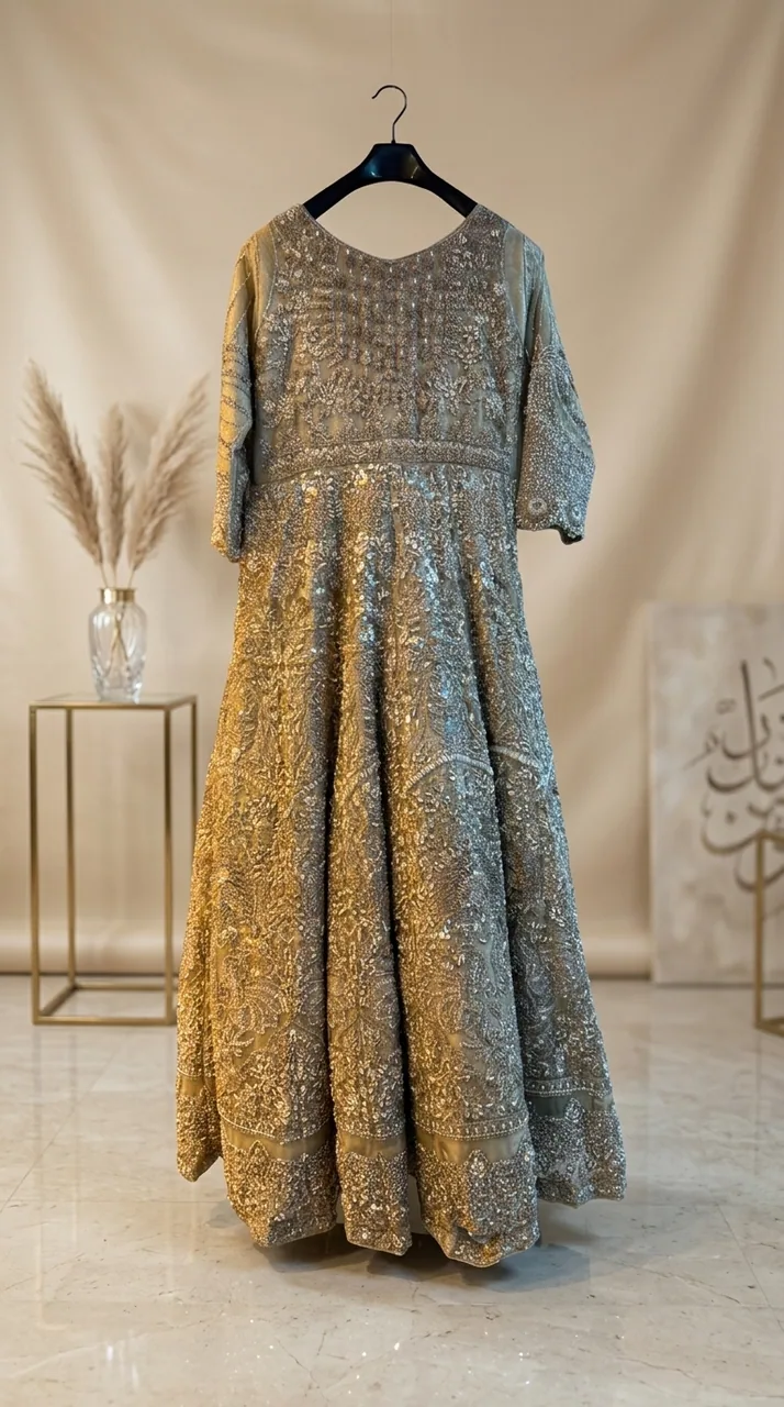 Metallic Olive Gold Heavily Embellished Bridal Anarkali Gown – Luxury Formals by Sadaf Boutique, Islamabad