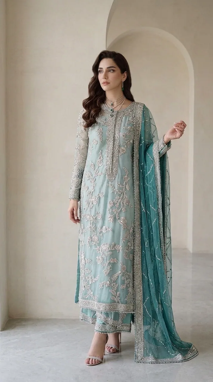 Mint Green Silver-Embroidered Kurta Trouser Set – Luxury Formals by Sadaf Boutique, Islamabad
