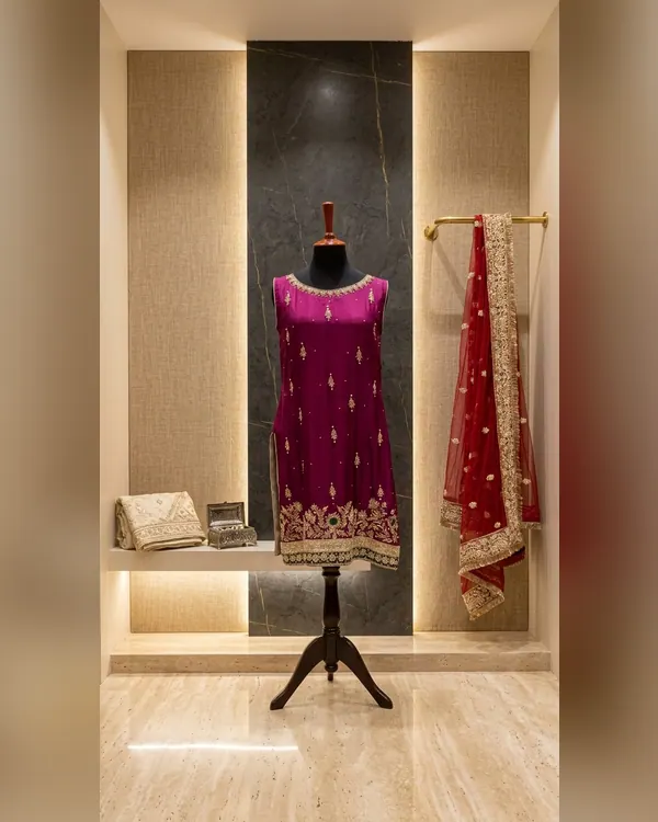 Royal Purple Embroidered Kurti with Contrast Red Dupatta Set – Luxury Formals by Sadaf Boutique, Islamabad