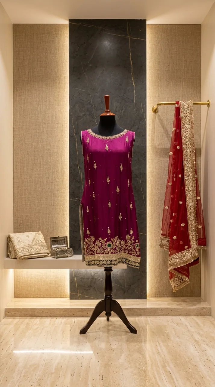Royal Purple Embroidered Kurti with Contrast Red Dupatta Set – Luxury Formals by Sadaf Boutique, Islamabad