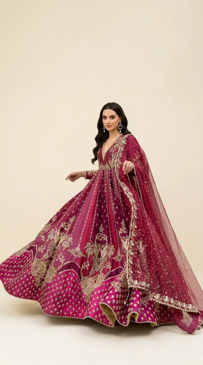 Deep Magenta & Gold Hand-Embroidered Kalidar Anarkali Set – Luxury Formals by Sadaf Boutique, Islamabad