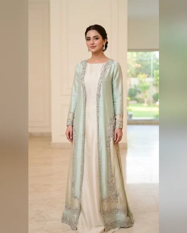 Mint Green & Ivory Hand-Embroidered Open Jacket Set – Luxury Formals by Sadaf Boutique, Islamabad