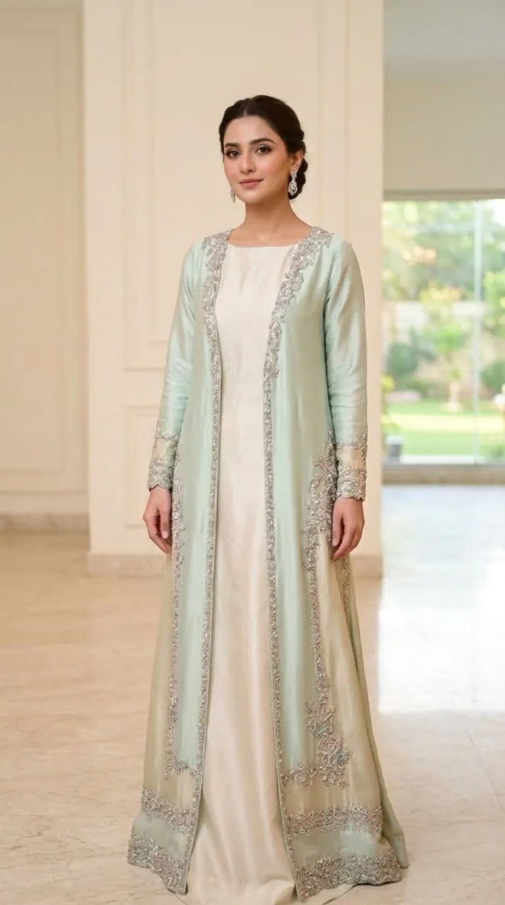 Mint Green & Ivory Hand-Embroidered Open Jacket Set – Luxury Formals by Sadaf Boutique, Islamabad