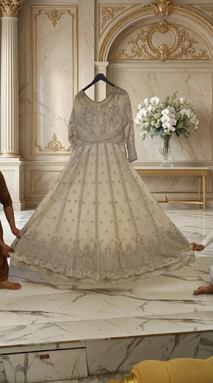 Off-White Silver Embroidered Bridal Anarkali Gown – Luxury Formals by Sadaf Boutique, Islamabad