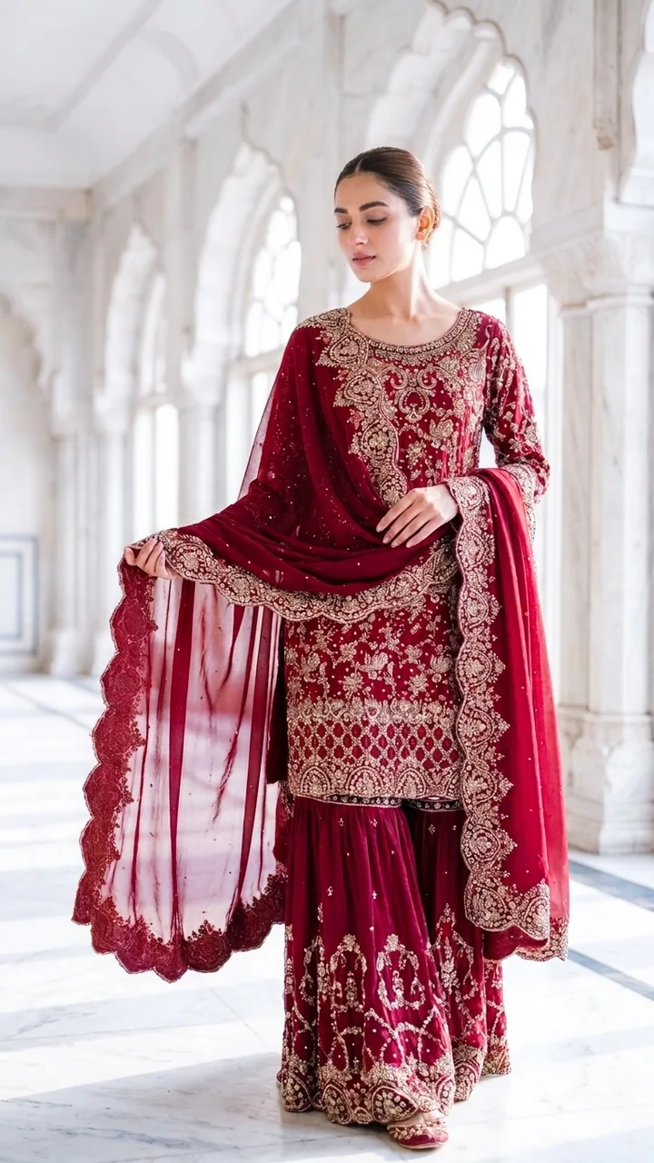 Maroon Gold-Embroidered Kurta Sharara Set – Luxury Formals by Sadaf Boutique, Islamabad