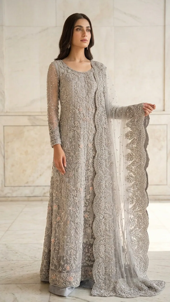 Ice Grey Silver-Embroidered Bridal Anarkali Set – Luxury Formals by Sadaf Boutique, Islamabad