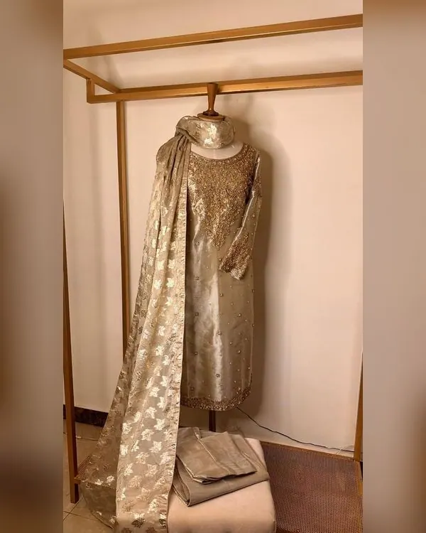 Regal Champagne Gold Heavily Embellished Raw Silk Suit – Luxury Formals by Sadaf Boutique, Islamabad