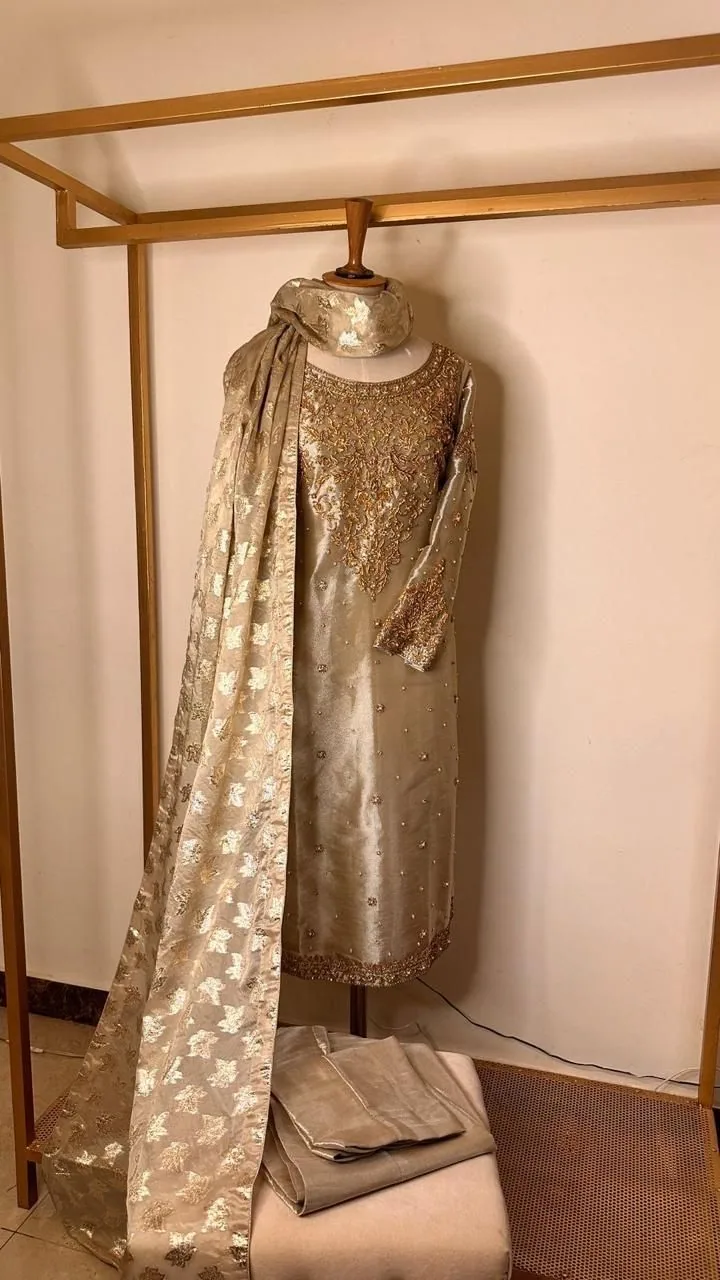 Regal Champagne Gold Heavily Embellished Raw Silk Suit – Luxury Formals by Sadaf Boutique, Islamabad