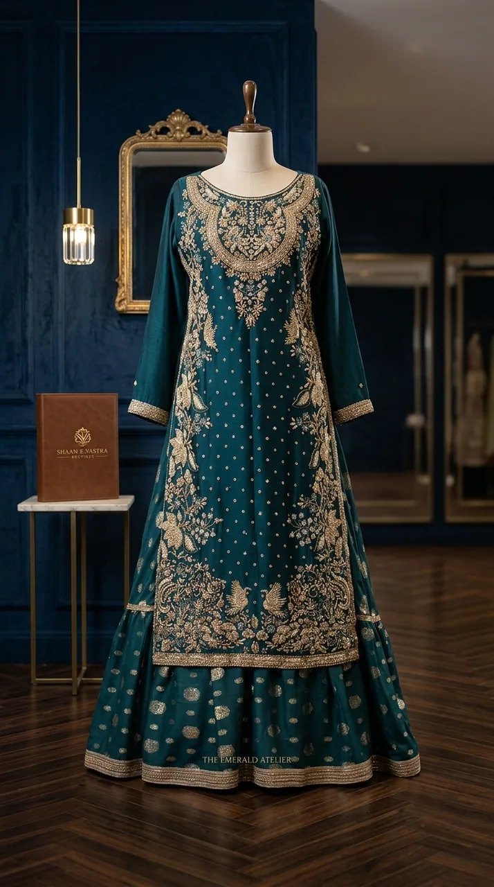 Teal Green Embroidered Kurta Sharara Set – Luxury Formals by Sadaf Boutique, Islamabad