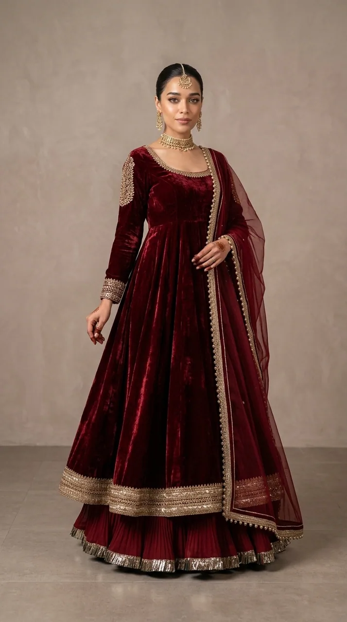 Deep Maroon Velvet Hand-Embroidered Anarkali Set – Luxury Formals by Sadaf Boutique, Islamabad