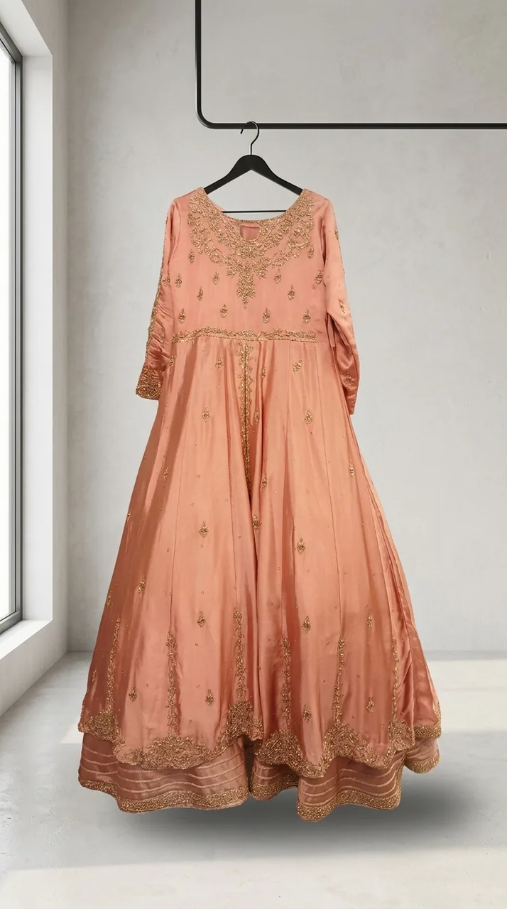 Peach Coral Hand-Embroidered Anarkali Set – Luxury Formals by Sadaf Boutique, Islamabad