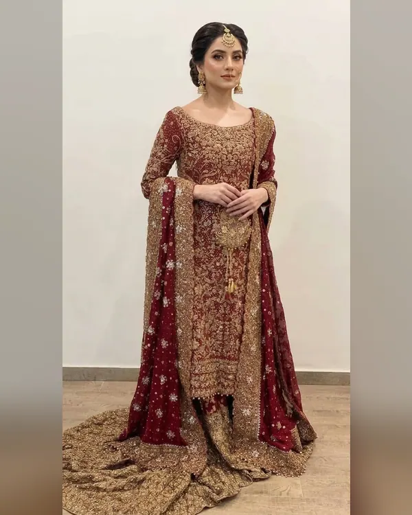 Deep Crimson & Antique Gold Heavy Bridal Kurta Set – Luxury Formals by Sadaf Boutique, Islamabad