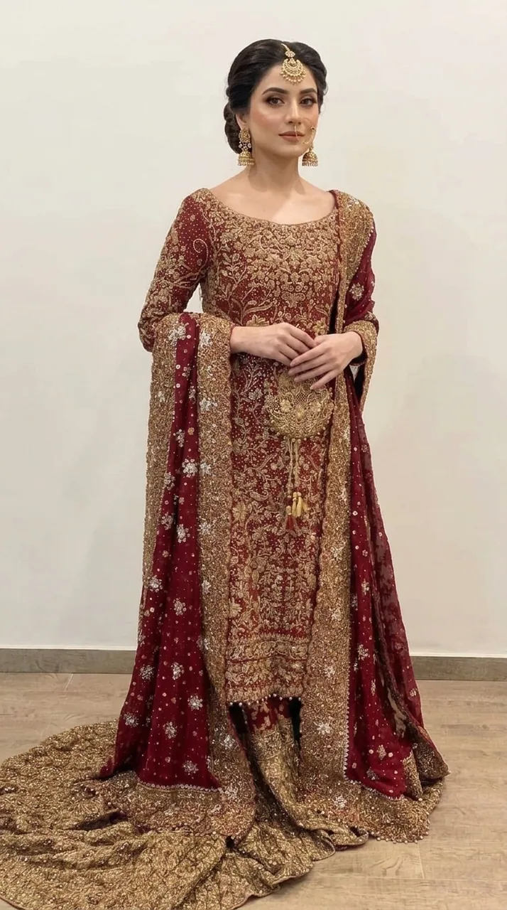 Deep Crimson & Antique Gold Heavy Bridal Kurta Set – Luxury Formals by Sadaf Boutique, Islamabad