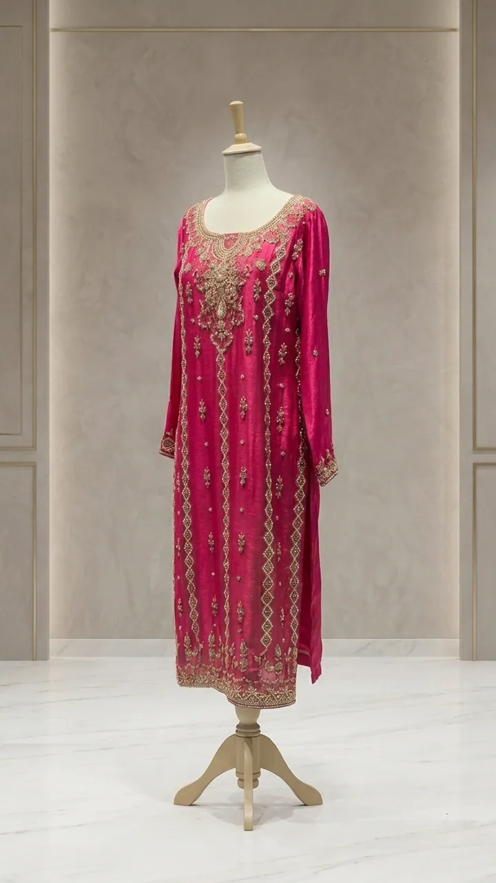 Fuchsia Pink Hand-Embroidered Long Kurta Set – Luxury Formals by Sadaf Boutique, Islamabad