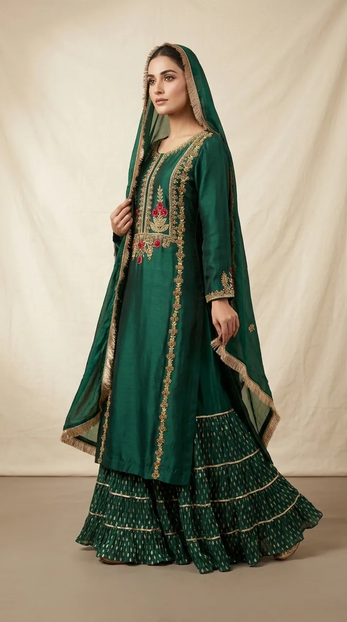 Emerald Green Embroidered Kurta Sharara Set – Luxury Formals by Sadaf Boutique, Islamabad