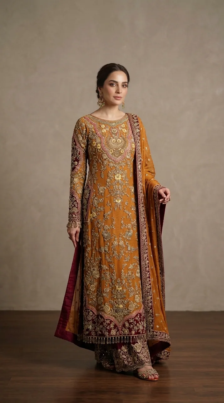 Mustard Ochre & Maroon Hand-Embroidered Kurta Palazzo Set – Luxury Formals by Sadaf Boutique, Islamabad