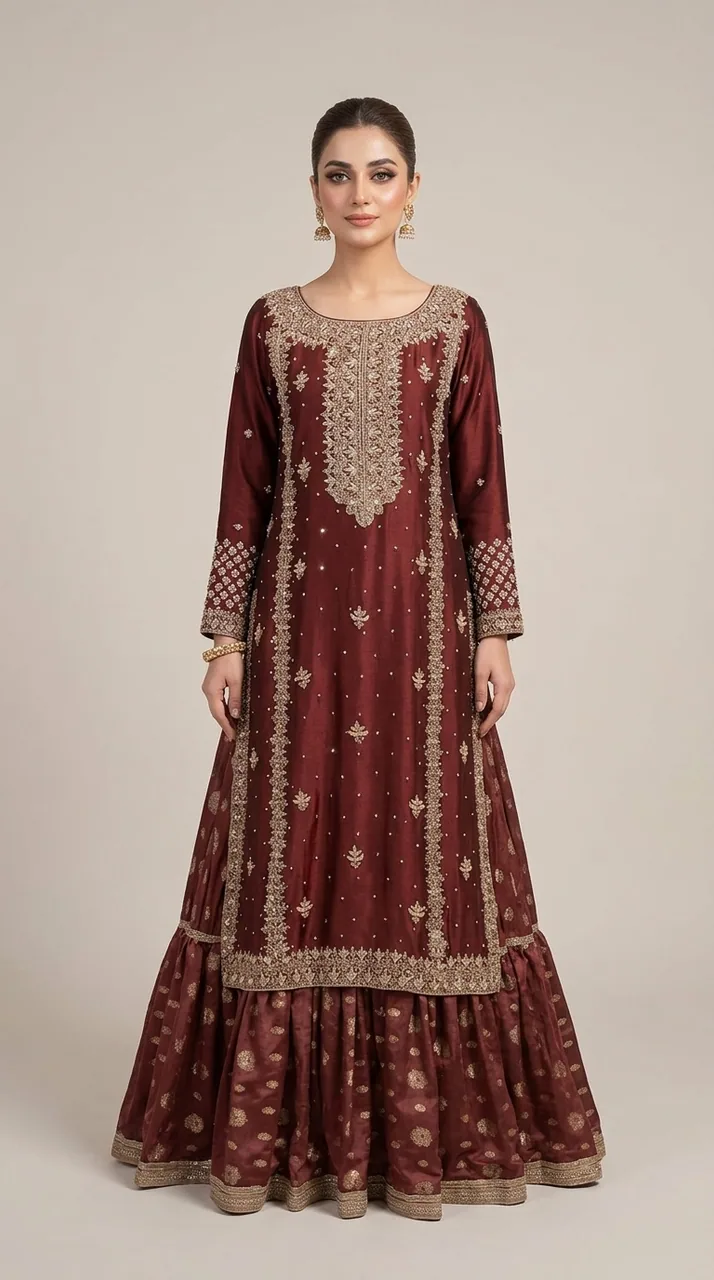 Maroon Silk Hand-Embroidered Kurta Sharara Set – Luxury Formals by Sadaf Boutique, Islamabad