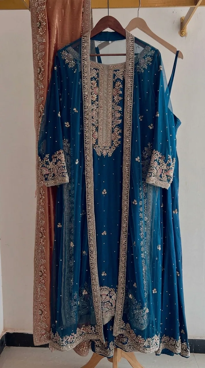 Teal Blue & Copper Hand-Embroidered Jacket Set – Luxury Formals by Sadaf Boutique, Islamabad