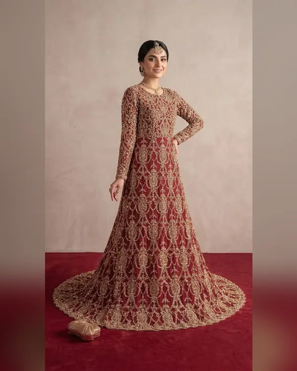 Maroon & Antique Gold Heavily Embellished Bridal Anarkali Gown Set – Bridal by Sadaf Boutique, Islamabad