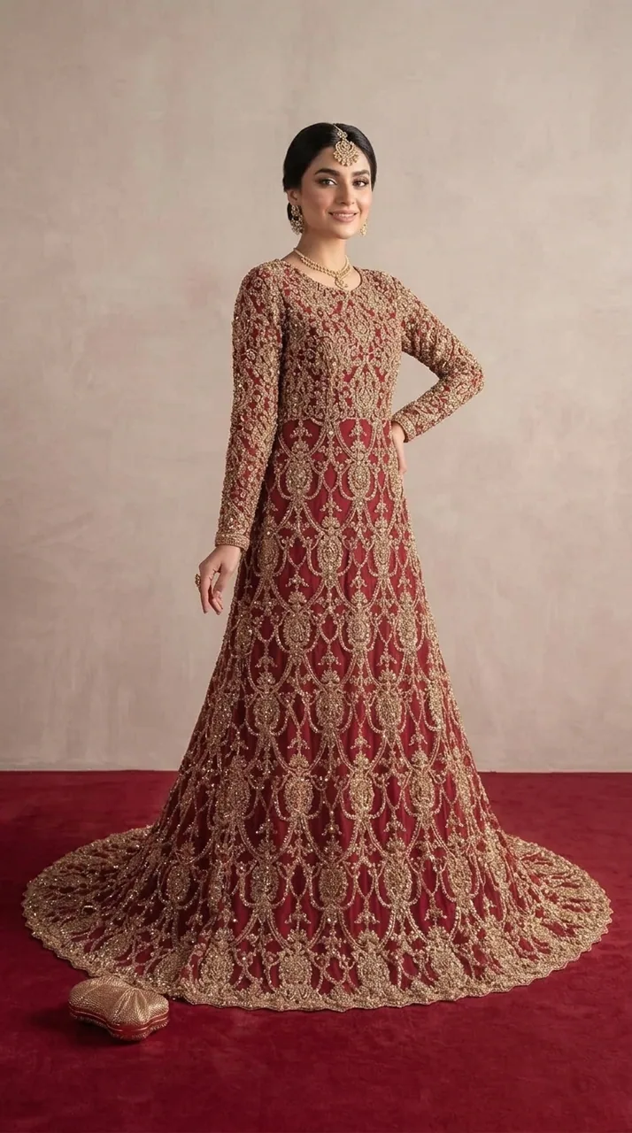 Maroon & Antique Gold Heavily Embellished Bridal Anarkali Gown Set – Bridal by Sadaf Boutique, Islamabad