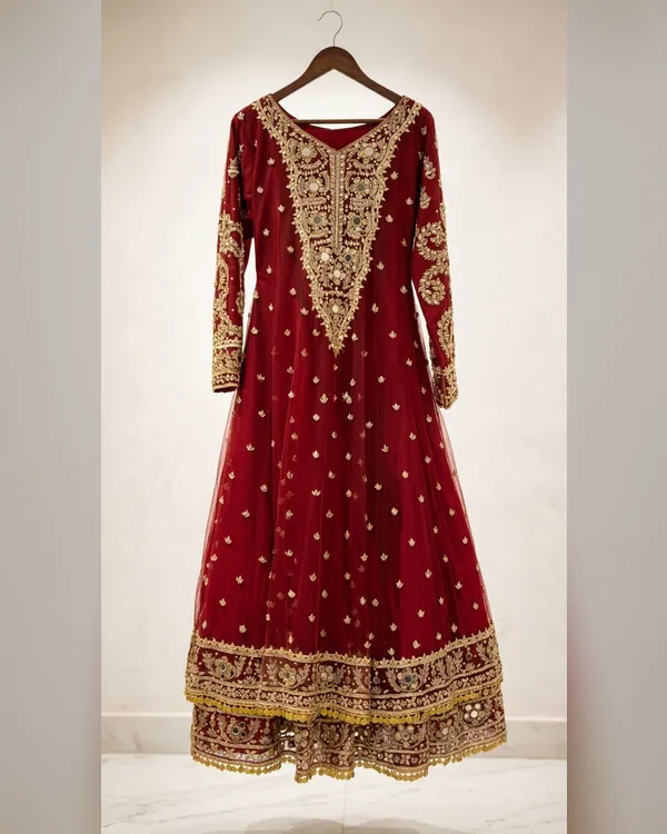 Crimson Red Gold-Embroidered Anarkali Gown Set – Luxury Formals by Sadaf Boutique, Islamabad