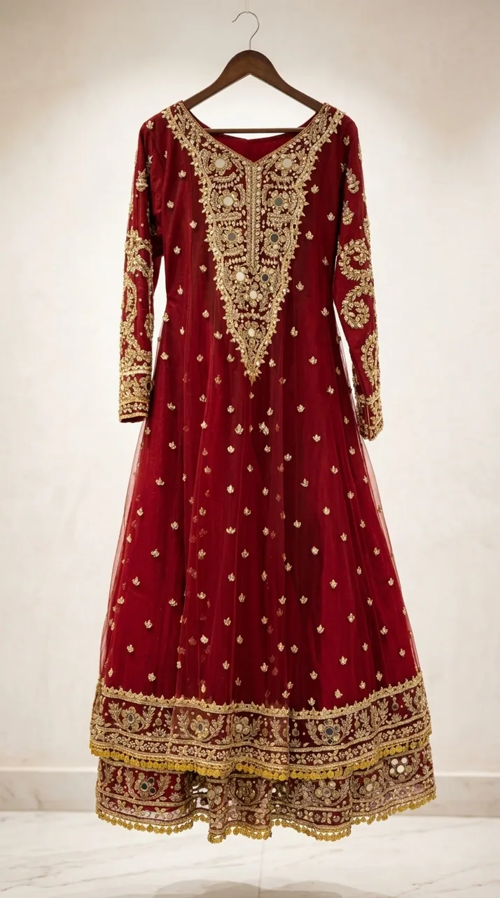 Crimson Red Gold-Embroidered Anarkali Gown Set – Luxury Formals by Sadaf Boutique, Islamabad