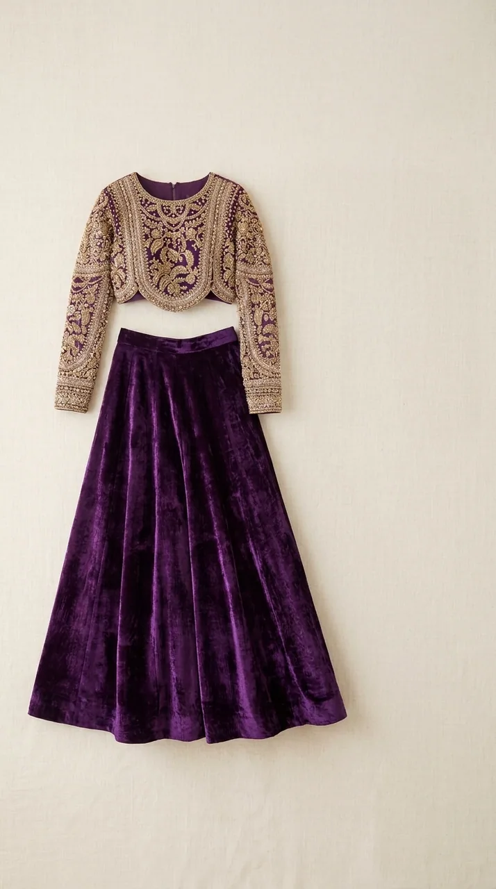 Royal Purple Velvet Hand-Embroidered Choli Lehenga Set – Luxury Formals by Sadaf Boutique, Islamabad