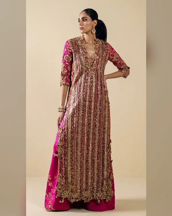 Fuchsia Pink & Gold Heavily Embellished Open-Front Kurta Set – Luxury Formals by Sadaf Boutique, Islamabad