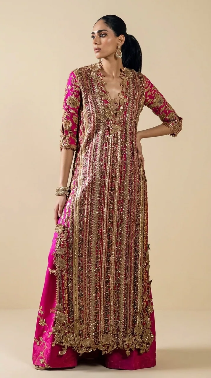 Fuchsia Pink & Gold Heavily Embellished Open-Front Kurta Set – Luxury Formals by Sadaf Boutique, Islamabad