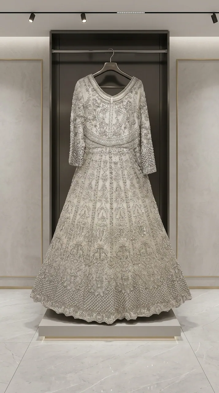 Silver-Encrusted Pearl White Bridal Anarkali Gown – Luxury Formals by Sadaf Boutique, Islamabad