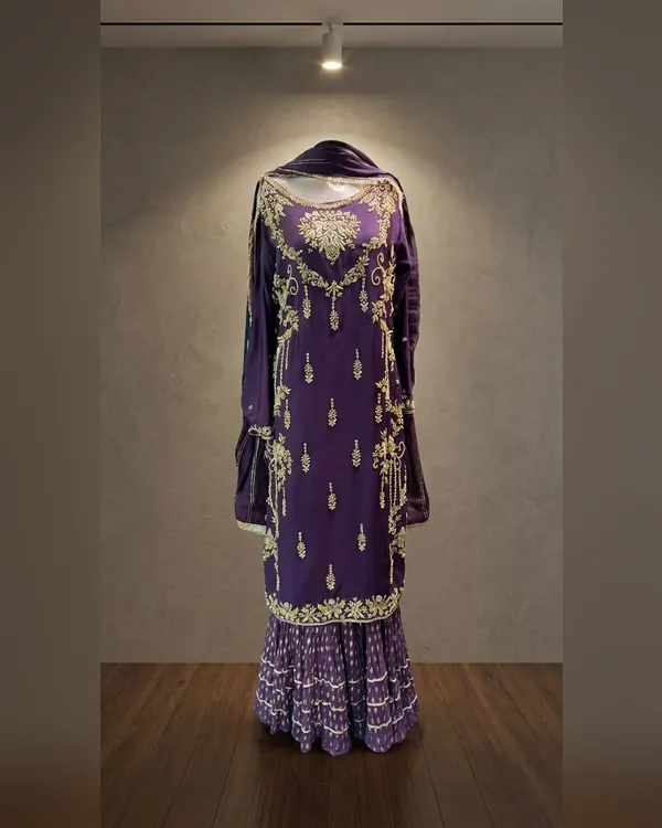 Deep Plum Gold-Embroidered Kurta Sharara Set – Luxury Formals by Sadaf Boutique, Islamabad