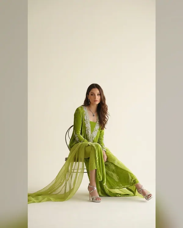 Lime Green Velvet Silver-Embroidered Kurta Sharara Set – Luxury Formals by Sadaf Boutique, Islamabad