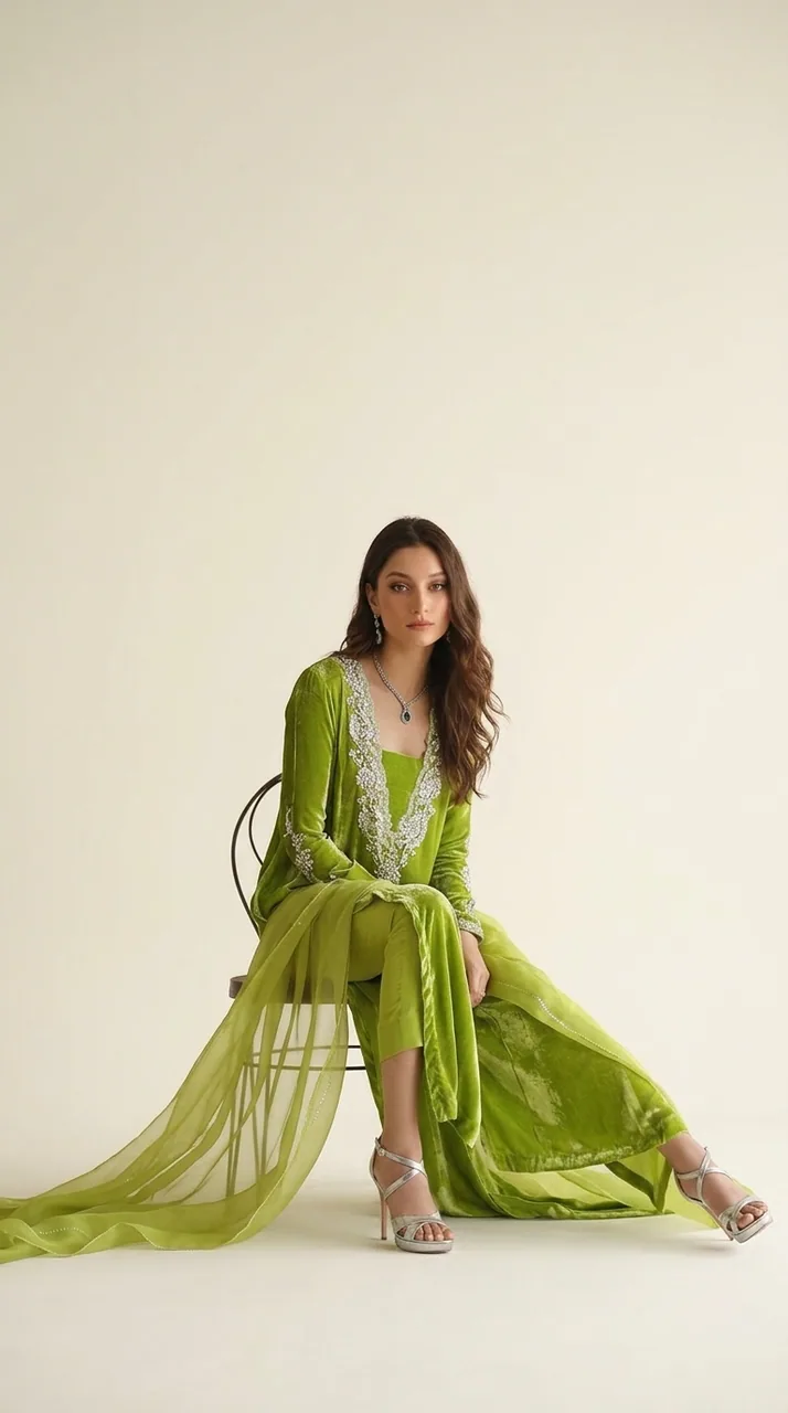 Lime Green Velvet Silver-Embroidered Kurta Sharara Set – Luxury Formals by Sadaf Boutique, Islamabad