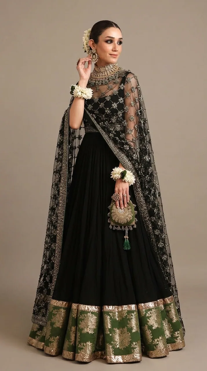Jet Black & Emerald Green Banarsi Border Anarkali Set – Luxury Formals by Sadaf Boutique, Islamabad