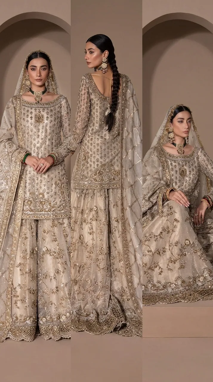 Champagne Gold Hand-Embroidered Kurta Sharara Set – Luxury Formals by Sadaf Boutique, Islamabad