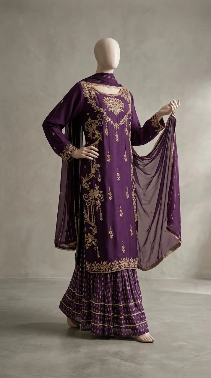 Deep Purple Hand-Embroidered Kurta Sharara Set – Luxury Formals by Sadaf Boutique, Islamabad