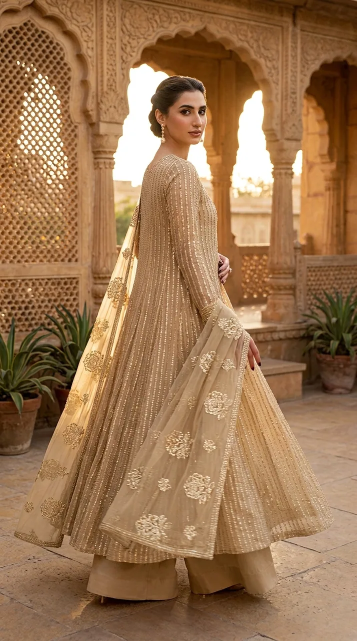 Champagne Gold Sequin Anarkali Sharara Set – Luxury Formals by Sadaf Boutique, Islamabad