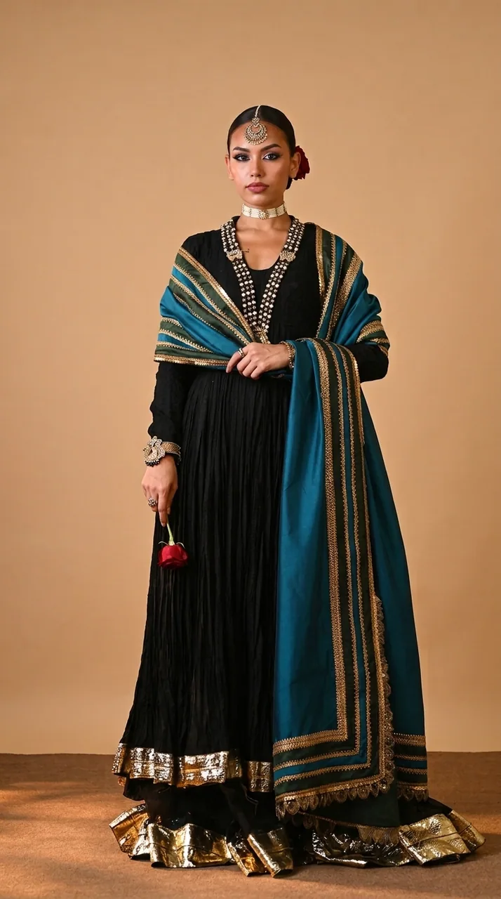 Jet Black & Teal Crinkle Anarkali Set – Luxury Formals by Sadaf Boutique, Islamabad