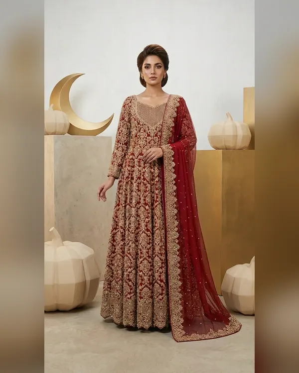 Deep Red & Antique Gold Heavily Embellished Bridal Anarkali Gown Set – Bridal by Sadaf Boutique, Islamabad